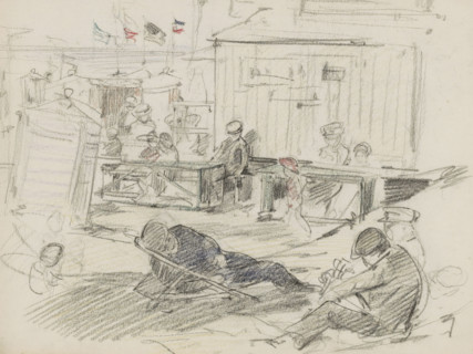 Beach scene with figures and changing rooms, sketchbook page, On the beach, a number of figures are