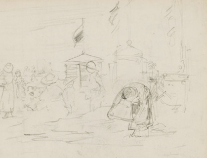 Beach scene with figures and changing rooms, sketchbook page, In the foreground a woman bent over