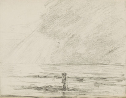 Seascape with a standing figure at the waterline, sketchbook page, Drawing in a frame. Page 16
