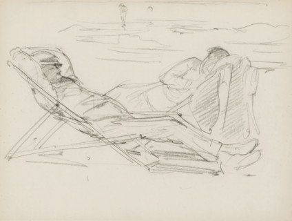 Beach scene with a sleeping man and woman in deck chairs, sketchbook page, In the background a