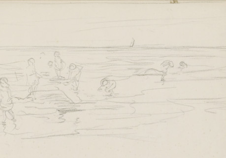 Beach scene with children playing at the waterline, sketchbook page, Drawing in a frame. Page 7