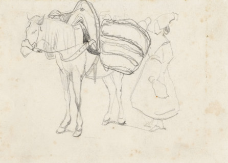 Woman by a loaded horse, drawing, draftsman (artist): Johannes Bosboom, 1827 - 1891, draftsman