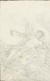 Aurora (after Boucher), drawing, Flower-strewing goddess with a putto on clouds, after painting by