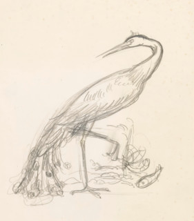 Heron at the water with two fish at its talons, drawing, watermark: 'GW, PAPIER, 1671', draftsman
