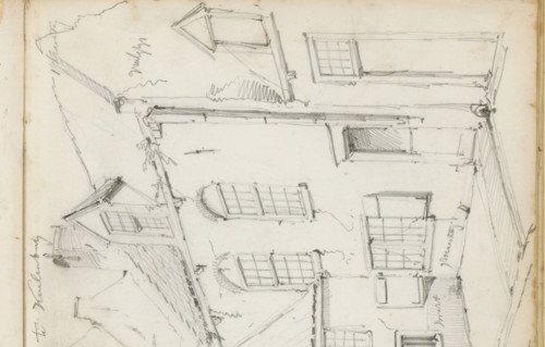 Street behind the church in Culemborg, sketchbook page, Page 30 verso from a sketchbook with 42