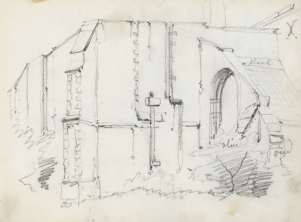 Exterior of a church wall with a buttress, sketchbook page, Page 7 recto from a sketchbook with 26