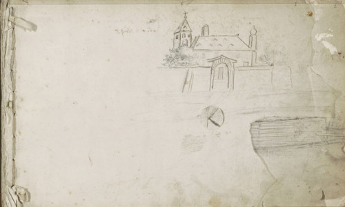 Church behind a wall with a gate and a monogram, sketchbook page, Monogram with the letter 'K' in a
