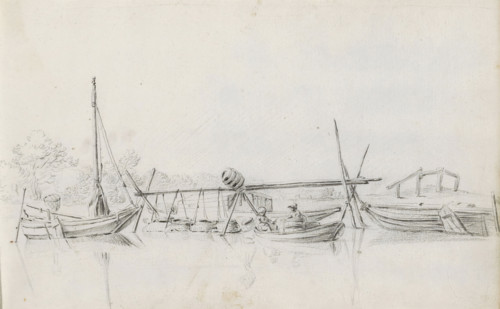 River view with boats at anchor at a fishing spot, sketchbook page, In the foreground two figures