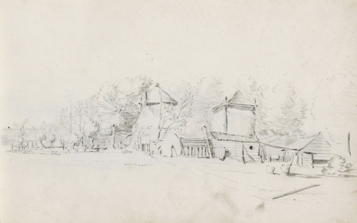 Landscape with two haystacks and farm barns, sketchbook page, Page 22 recto from a sketchbook with