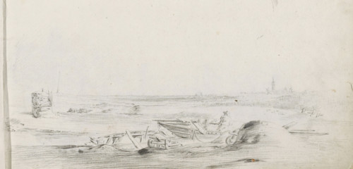 Landscape with a haystack and man by a boat, sketchbook page, Landscape with a boat on the bank of