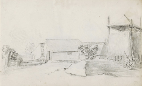 Farmyard with haystack and broken wheel, sketchbook page, Page 37 recto from a sketchbook with 39