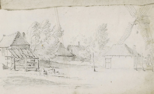 Farms and a windmill around a field, sketchbook page, Page 39 recto from a sketchbook with 39 pages