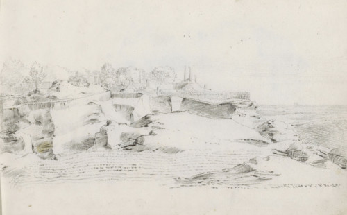 Landscape with a farm near a sand quarry, sketchbook page, In the foreground a field and two filled
