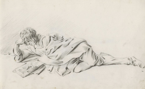 Lying boy reading a book, sketchbook page, Page 8 recto from a sketchbook with 39 pages., draftsman