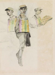 Salesperson of Amsterdam weekly 'Het Leven', sketchbook page, The boy is wearing a cap and bag and