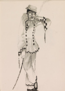 Pierrot with a monocle, sketchbook page, The pierrot holds a burning cigarette between the fingers