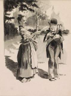 Farmer's wife handing a document to a man with a bowler hat, sketchbook page, The two figures are