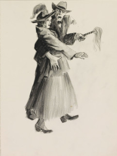 Man with staff and a woman making a startled gesture, sketchbook page, The man is holding a staff
