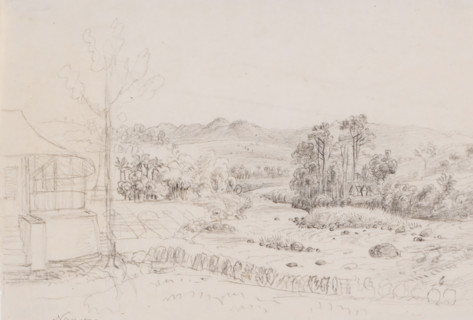 House by a river and landscape in Nanggung, west of Buitenzorg, West Java, drawing, topographical