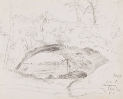 View of limestone rock covered with vegetation with a view of the sea, drawing, topographical view,