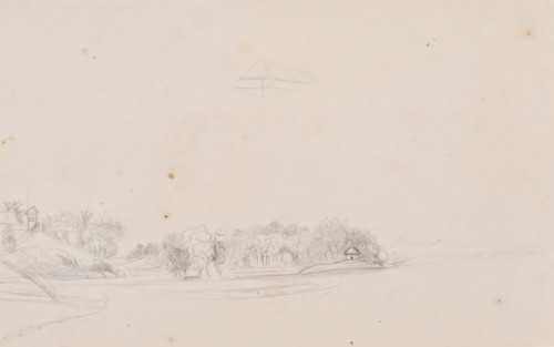 Landscape, Java, drawing, topographical view, Landscape with a sketch of a roof in the middle at