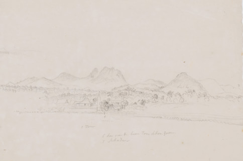 View of village and mountain landscape, Java, drawing, topographical view, annotation, draftsman