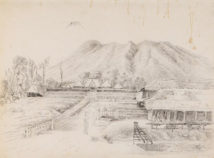 View of mountain and settlement, with sheds for coffee or tea, West Java, drawing, topographical