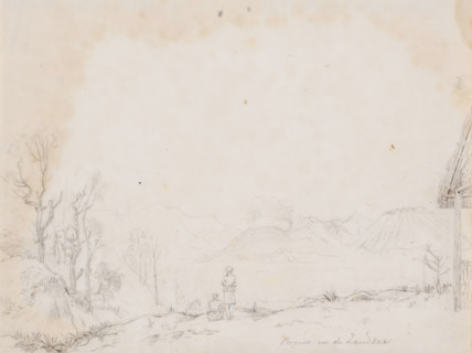 View of Mount Bromo in the Tengger Mountains and the Sand Sea, East Java, drawing, topographical