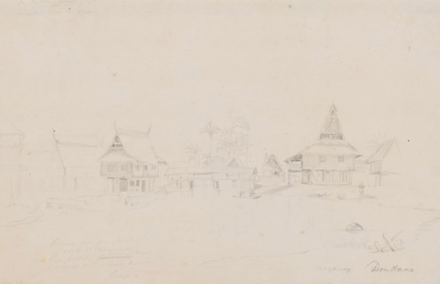 View of Tondano, North Celebes, drawing, topographical view, annotation: 'negorij Dondano, op