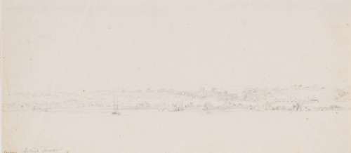 View of Kupang from the sea, Timor, drawing, topographical view, annotation: 'koupang, Island of