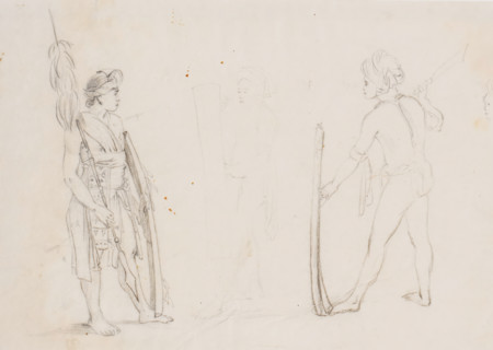 Figure study of two warriors, Southeast Moluccas, drawing, one in full regalia with spear and
