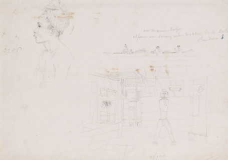 Sketches of Alfurs and an interior, Aru Islands, South Moluccas, drawing, topographical view, Three