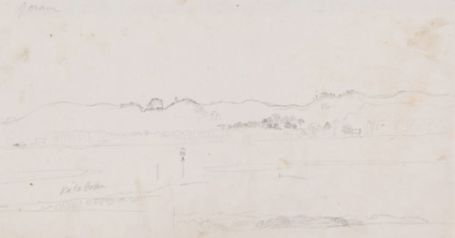 View of the island of Gorom (or Gorong), Central Moluccas, drawing, topographical view, annotation: