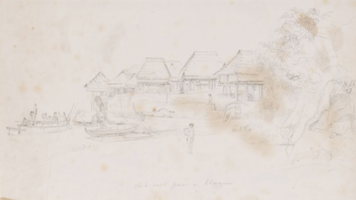 View of a settlement on the east coast of one of the Aru Islands, Southeast Moluccas, drawing,