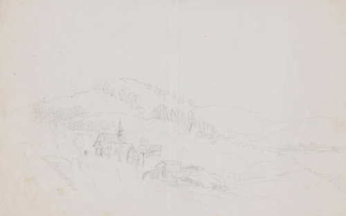European (?) landscape with small church, drawing, draftsman (artist): Adrianus Johannes Bik, c.