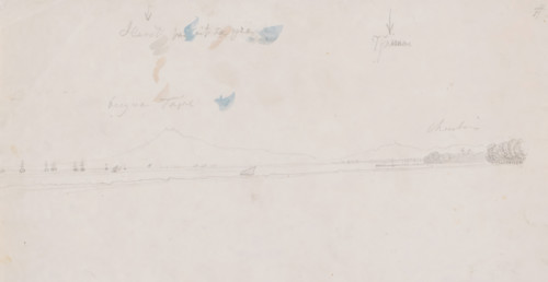 View of the North Coast of Java, between Cirebon and Tegal, from the sea, West Java, drawing,