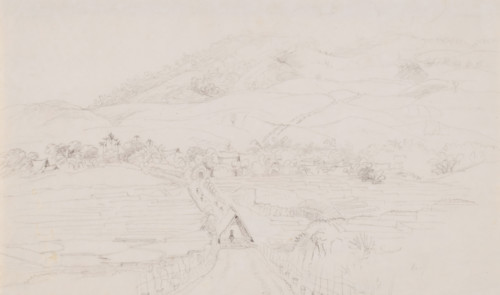 View of post road and village of Cidadap, Cirebon residence, West Java, drawing, topographical