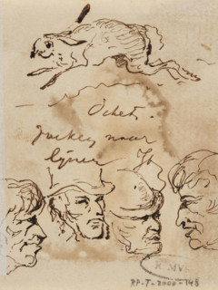 Heads, drawing, Sketches of heads and a hare. With the inscription 'searching for lines'.,