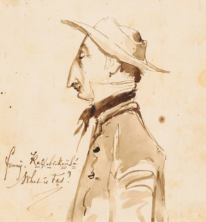 Portrait of a man, drawing, Portrait of a man with a hat and prominent nose, in profile to the left