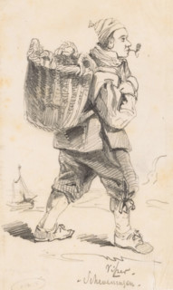 Fisherman - Scheveningen, drawing, Fisherman with basket on his back, pipe in his mouth, in