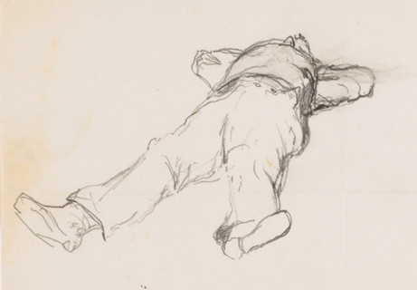 Lying man, drawing, Man, lying on his back, hands under his head., draftsman (artist): Johannes