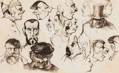 Heads, drawing, Sketch sheet with caricatured heads. Drawn on the back of an advertising print of