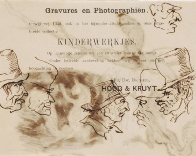 Heads, drawing, Sketch sheet with heads. Drawn on advertising print for 'Engravings and