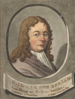 Portrait of the painter Dirk van den Bergen, drawing, Titled on a banner below the portrait and on