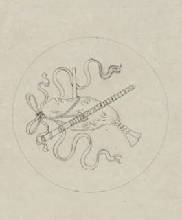 Design for marquetry of musical instrument(s) suspended by ribbons in a round medallion, Le Samara