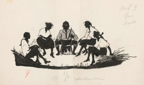Company around a fire, drawing, book illustration (design), A company consisting of one man and