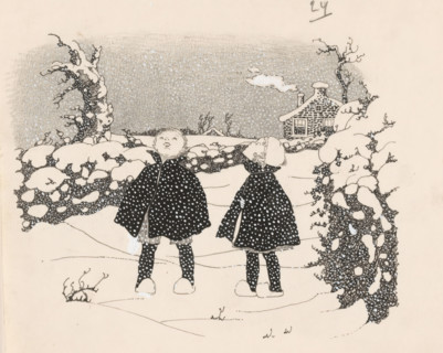 Boy and girl in the snow, drawing, book illustration (design), A boy and girl dressed in winter