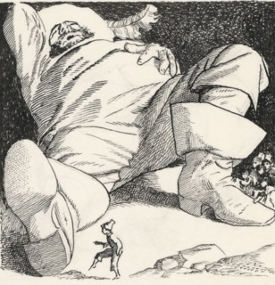 Sleeping Gulliver, drawing, book illustration (design), Gulliver is lying on his back on the ground
