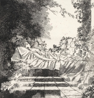 Sleeping Beauty, drawing, book illustration (design), A stone staircase leads to a raised platform