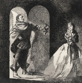 Bluebeard offers his wife a bunch of keys, drawing, book illustration (design), Bluebeard stands in